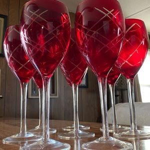 Set of 8 Discontinued Pier 1 Diamond Etched Red Water Goblets